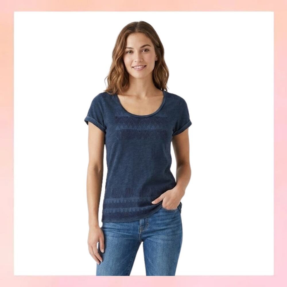 Lucky Brand Embroidered Indigo Dye Scoop Neck Top Size L